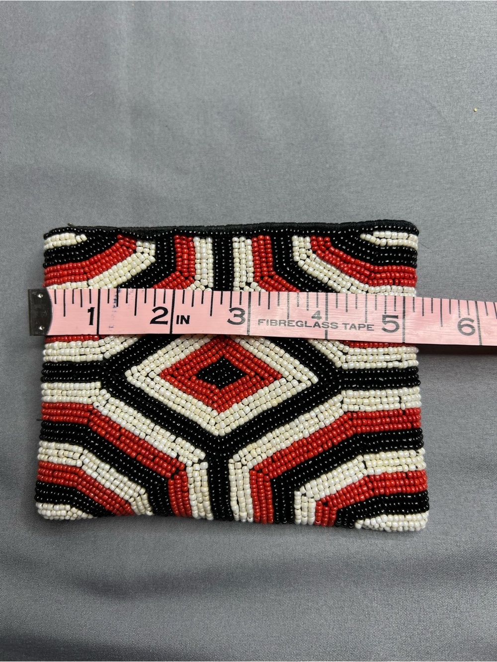 Hand-Beaded Coin Purse | Red Black Cream Geometric | Vintage Boho - Picture 5 of 6